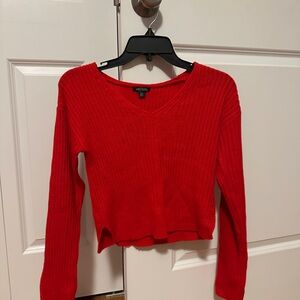 Red V-Neck Ribbed Sweater Top
